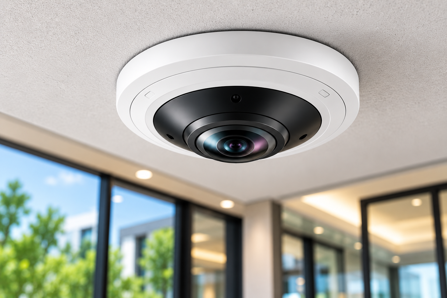 Ceiling Fisheye Camera in Modern Lobby