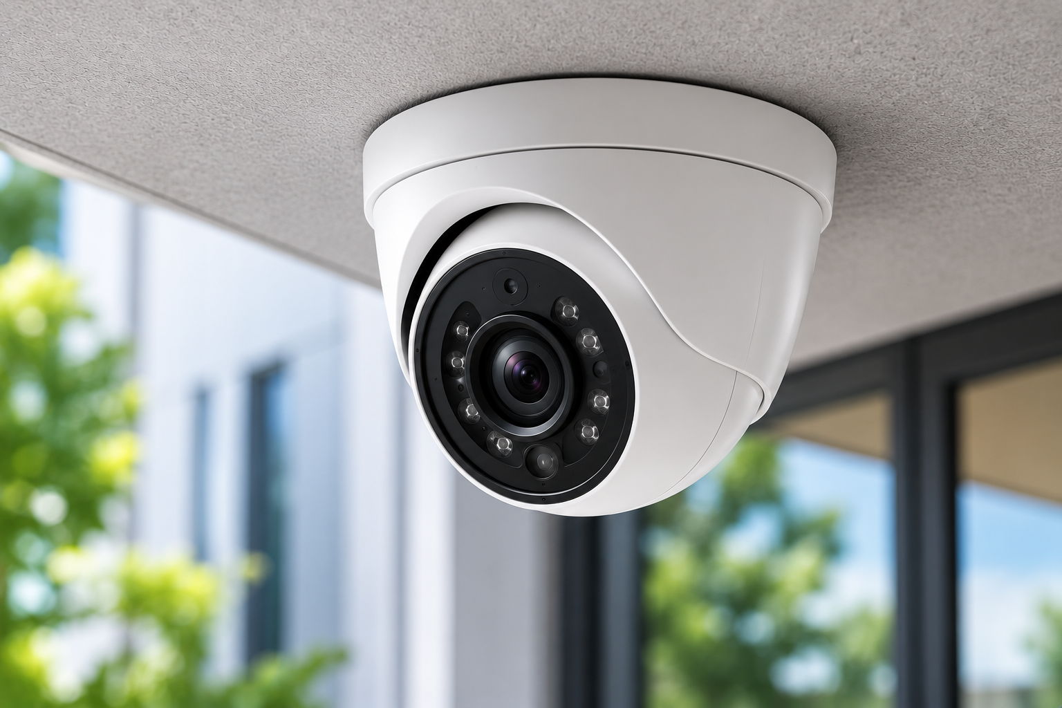 White Turret Security Camera Under Overhang
